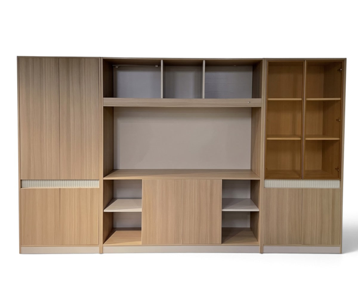Full-height modular living room storage system in wood finish