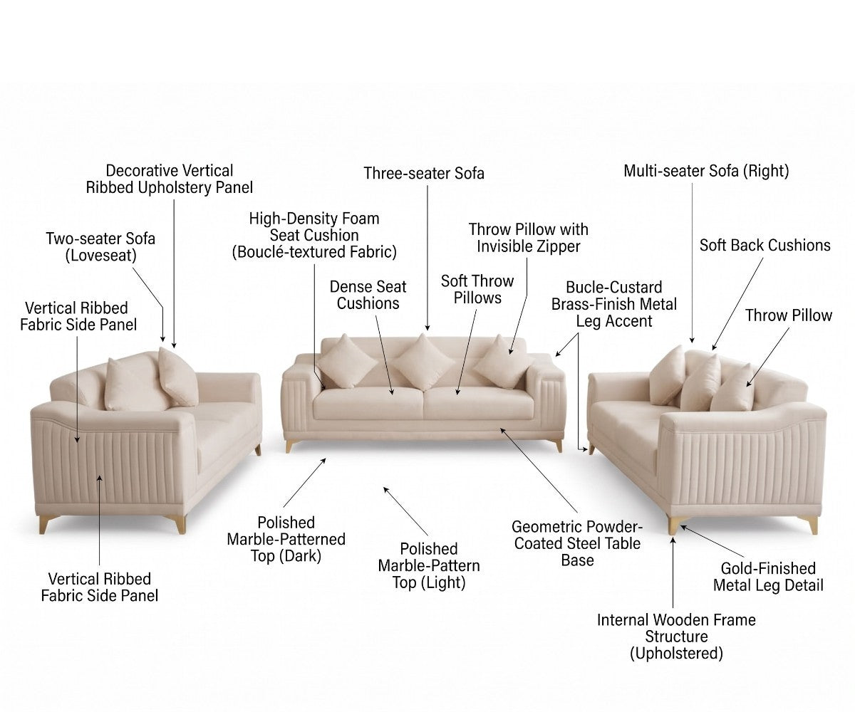 Giselle cream sofa set with two three-seater sofas and two matching armchairs on a white background.