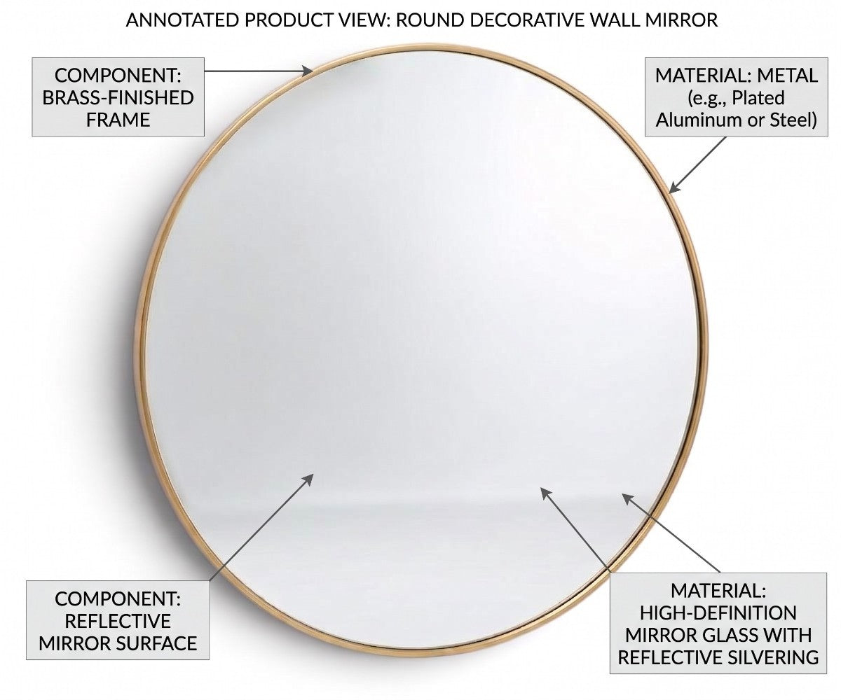 Round wall mirror with slim brass-finished metal frame and clear glass