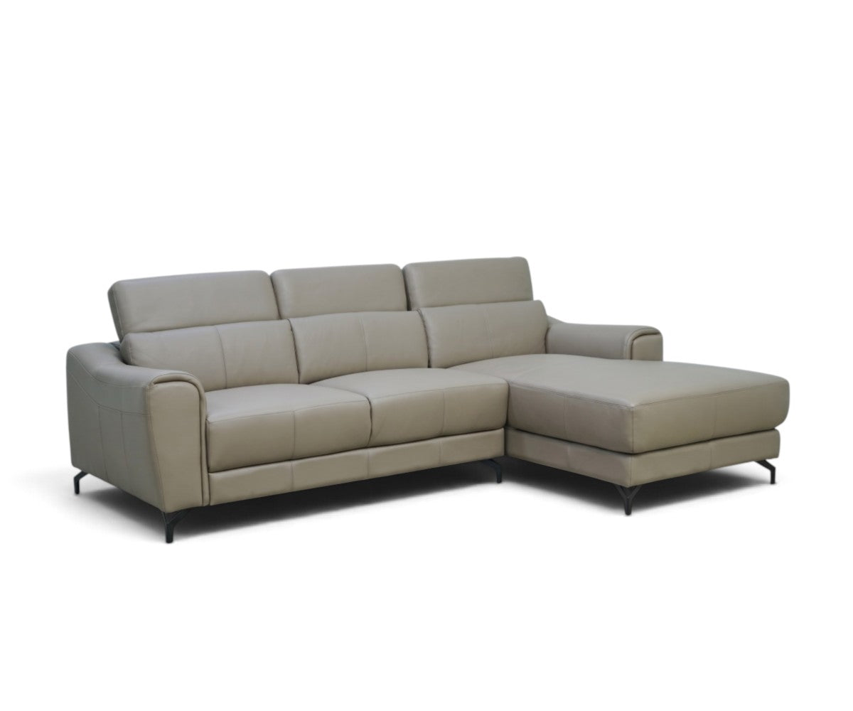 Grey leather L-shaped corner sofa with chaise and adjustable ratchet headrests