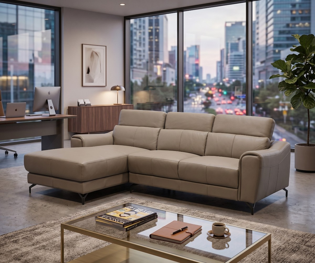 Grey leather L-shaped corner sofa with left-facing chaise and adjustable headrests