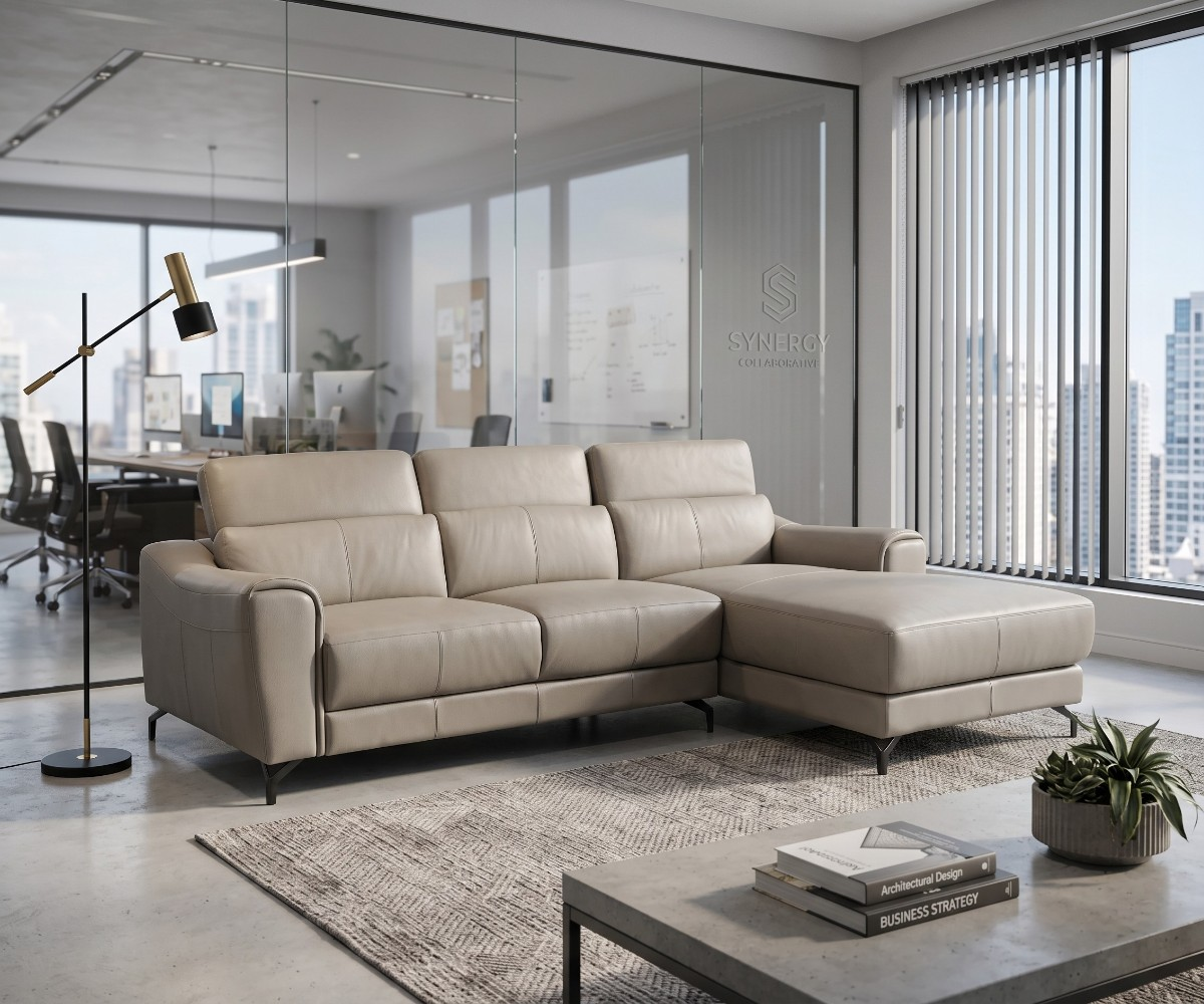 Grey leather L-shaped corner sofa with chaise and adjustable ratchet headrests
