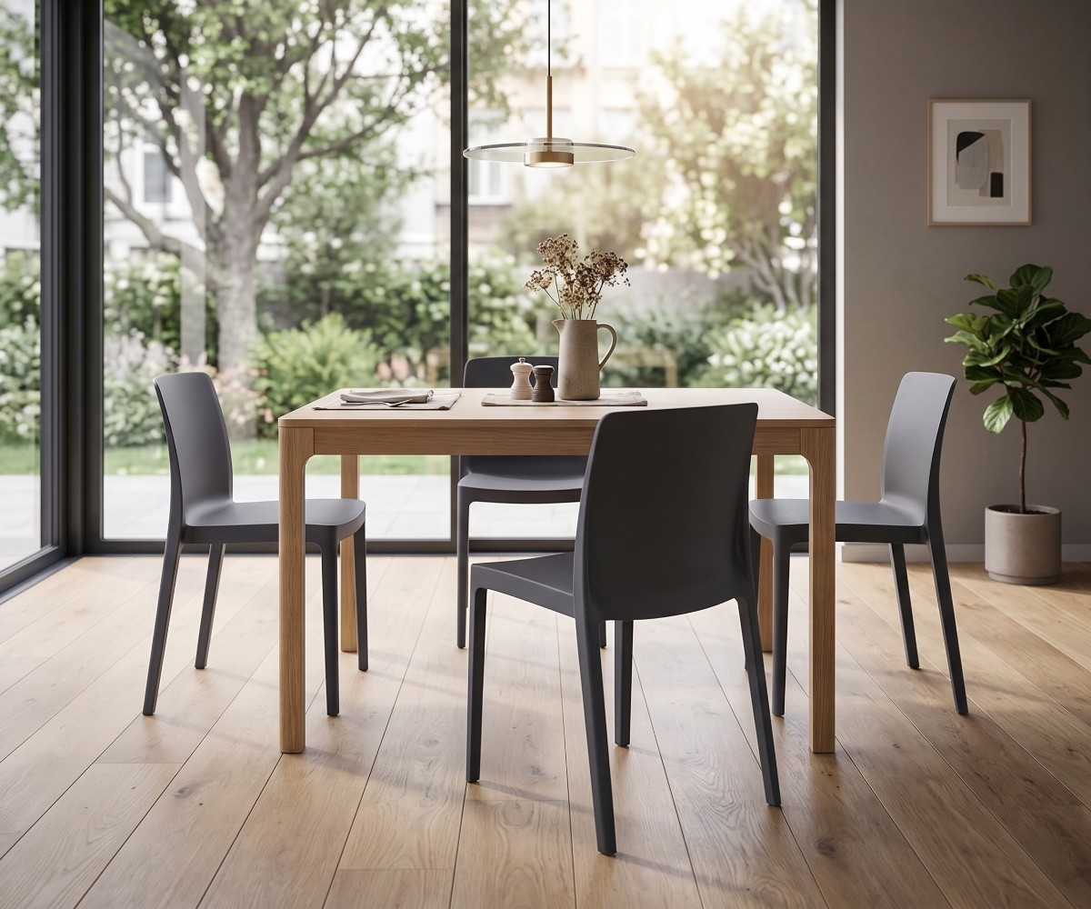 Anthracite grey moulded polypropylene dining chair with armless design and four tapered legs