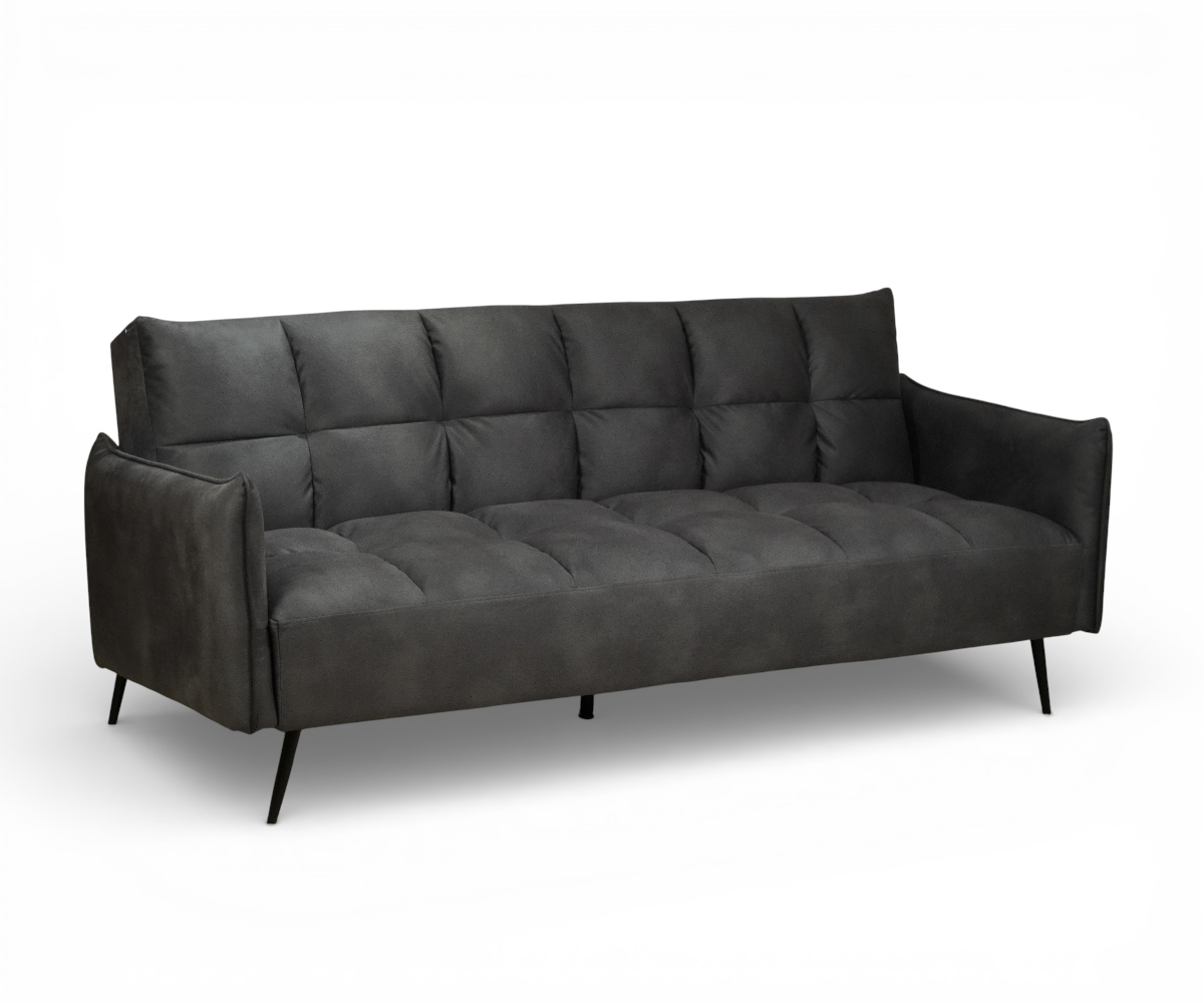 Grey suede effect three-seater sofa with biscuit tufted cushions
