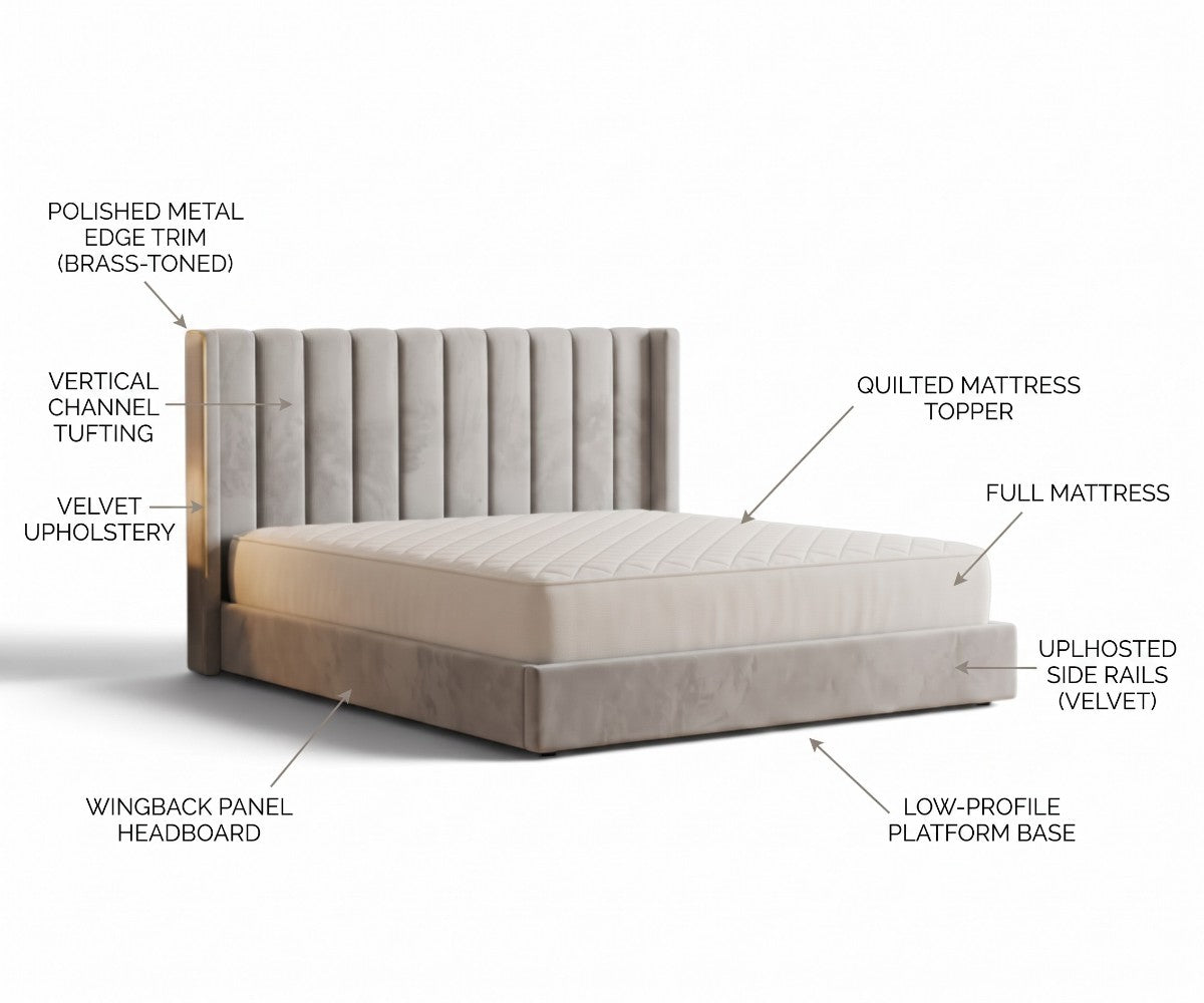 Velvet platform bed with channel-tufted wingback headboard and brass edge trim