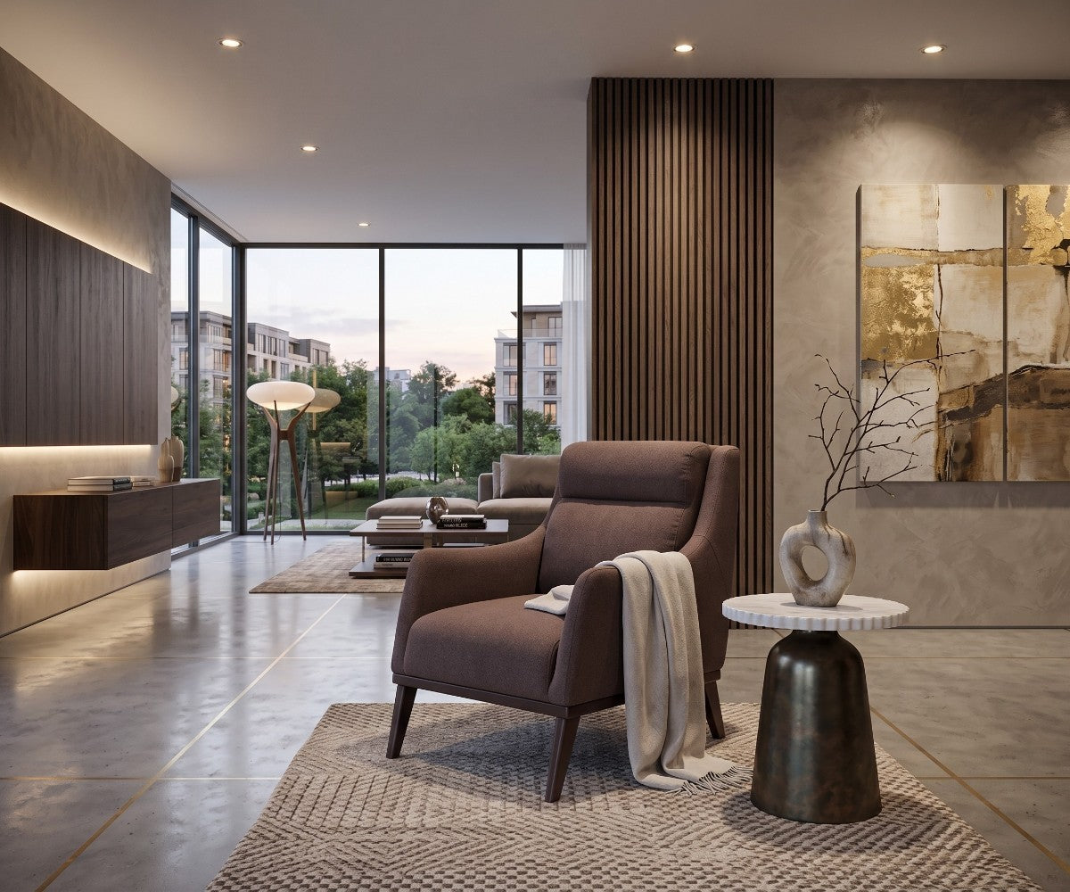 High-back fabric armchair in dark plum-brown with tapered wood legs