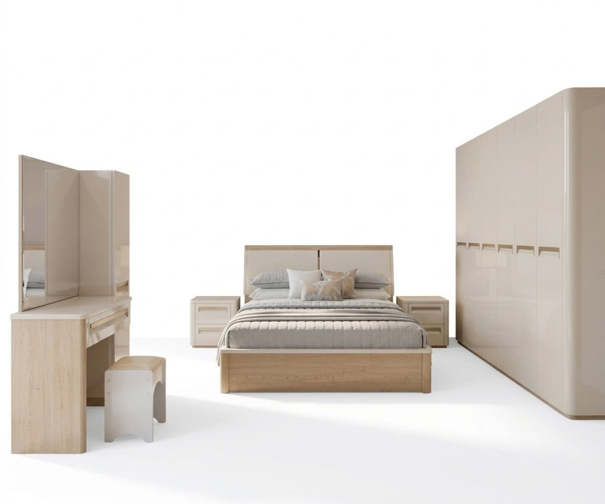 High-gloss bedroom set with upholstered bed, multi-door wardrobe and dressing table