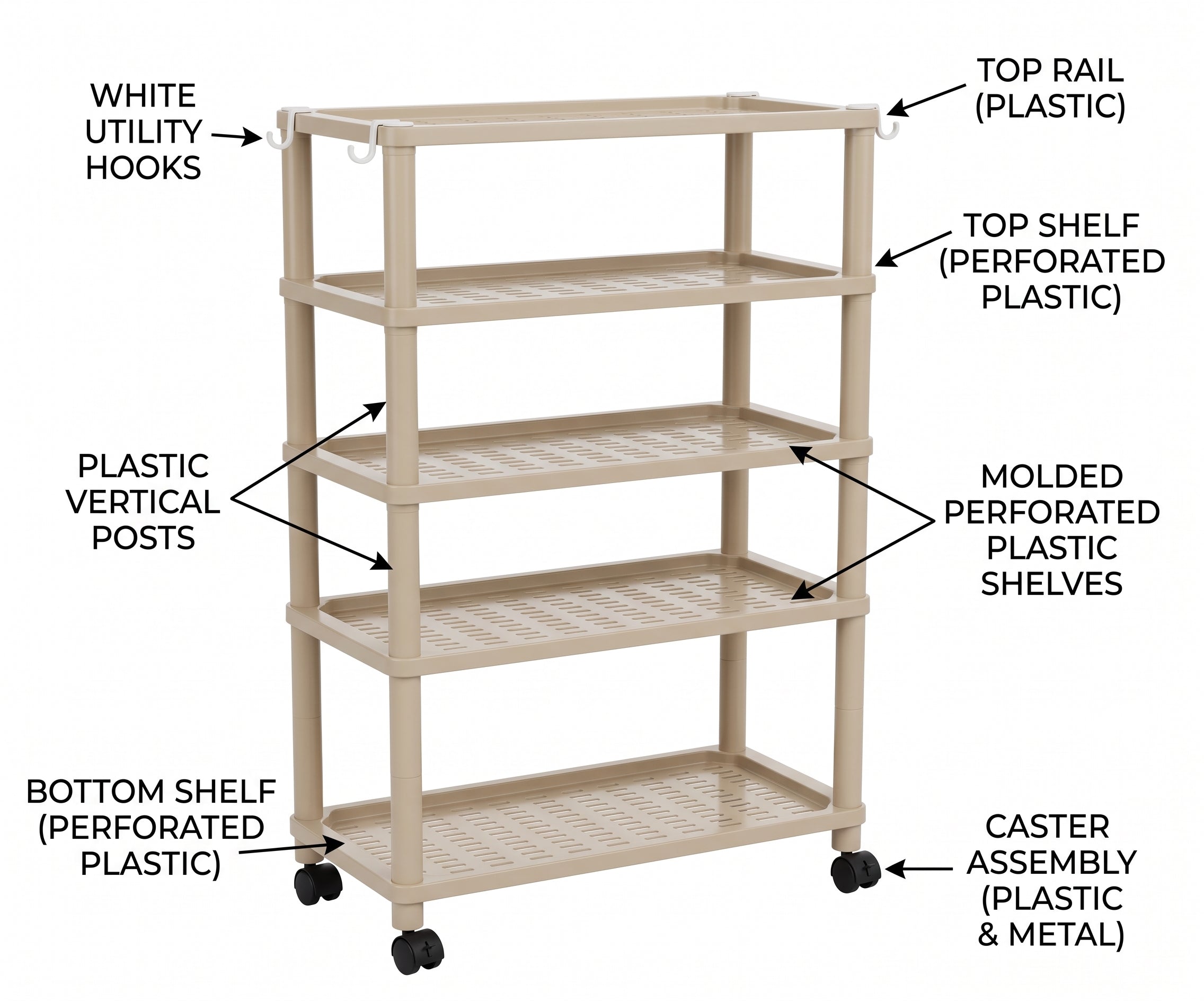 Light beige plastic shoe organizer with five storage tiers and side hooks