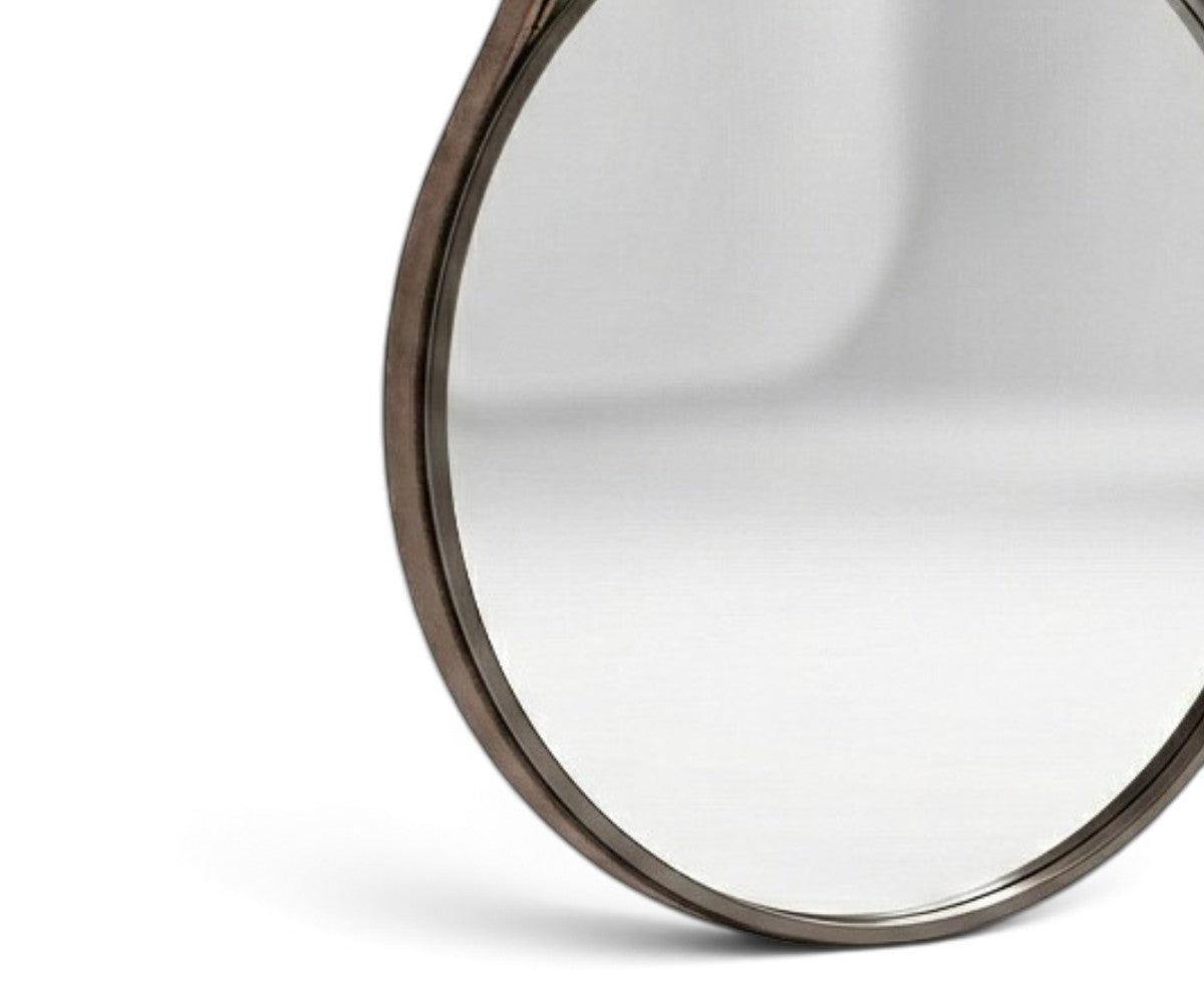 Leather strap circular mirror with adjusting buckle and wall peg