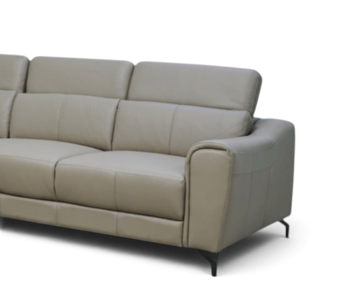 Left facing grey sectional sofa with chaise lounge and slim dark metal legs