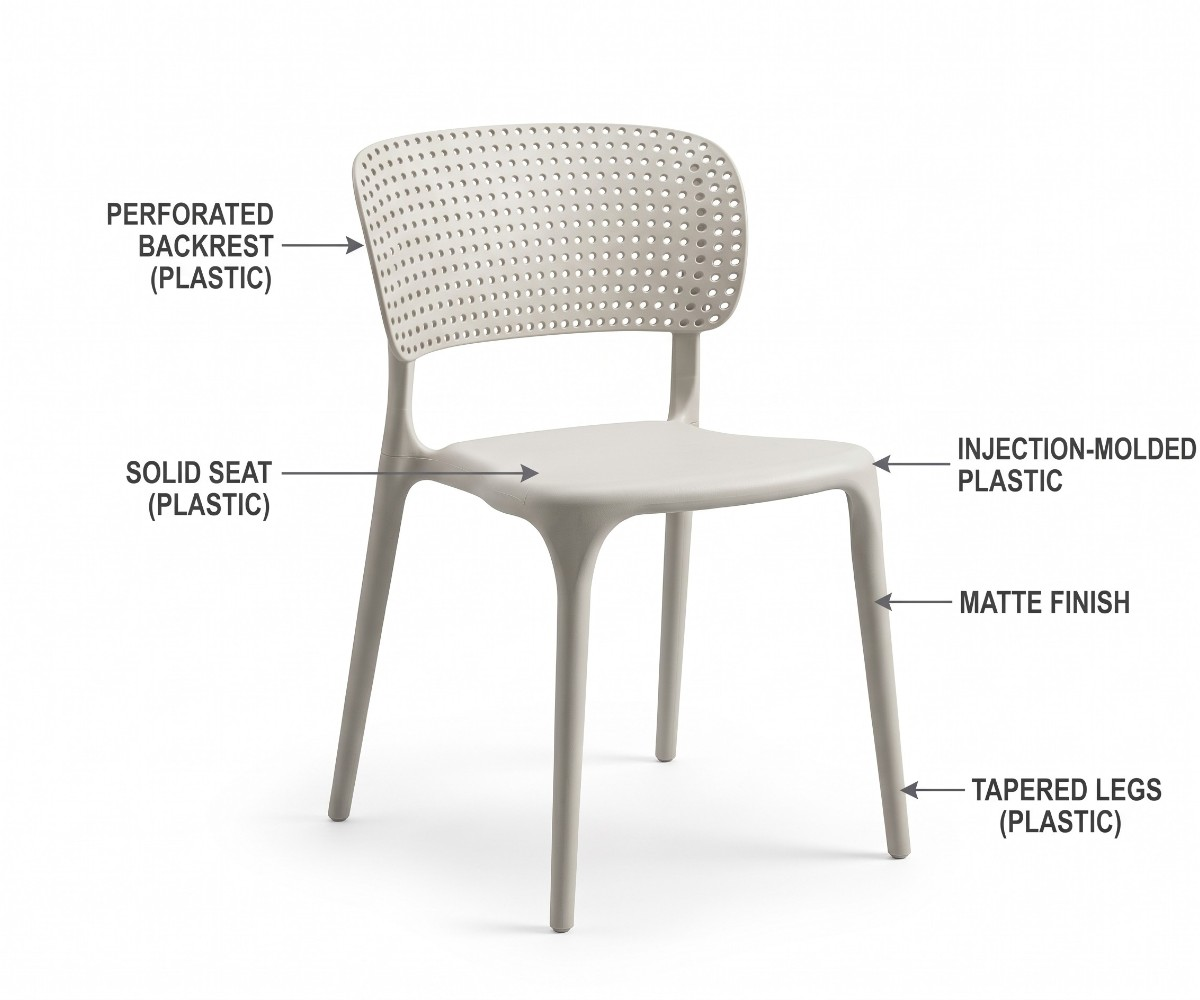 Light grey armless dining chair with a perforated curved backrest and four tapered legs.