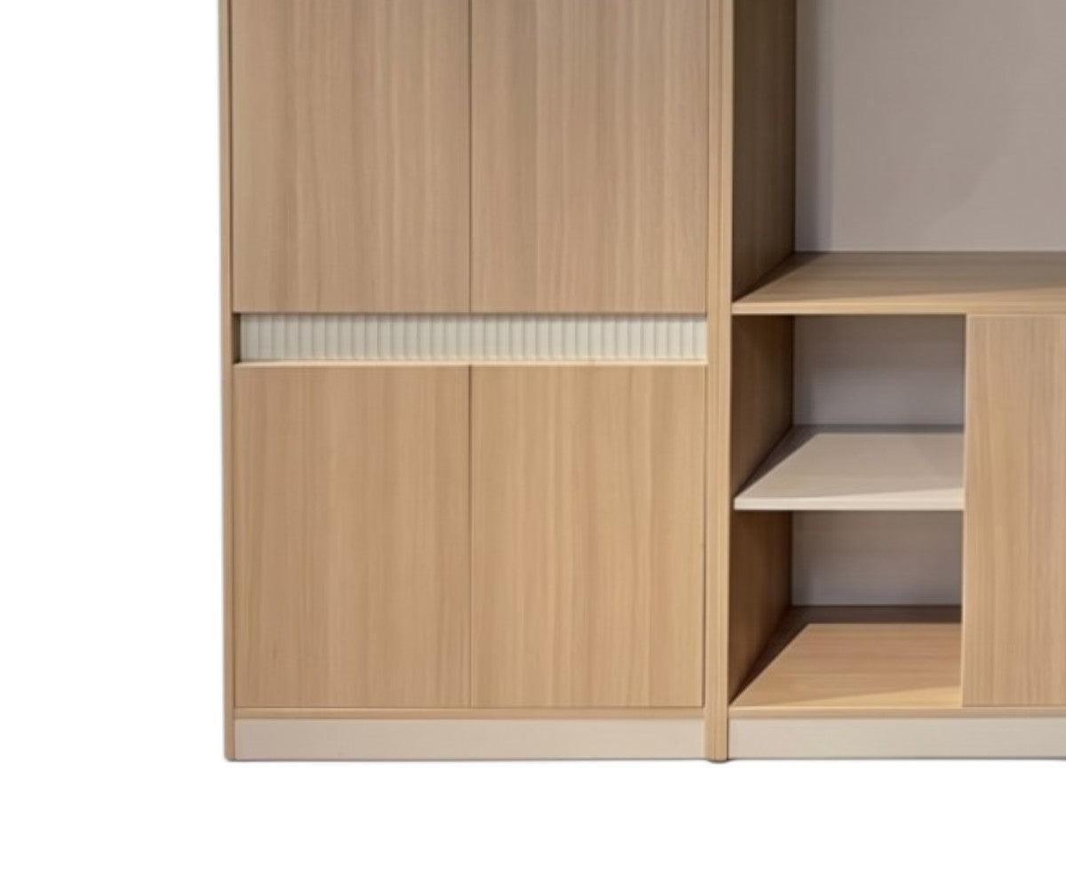 Light oak wall unit with open display shelving and closed cabinet doors