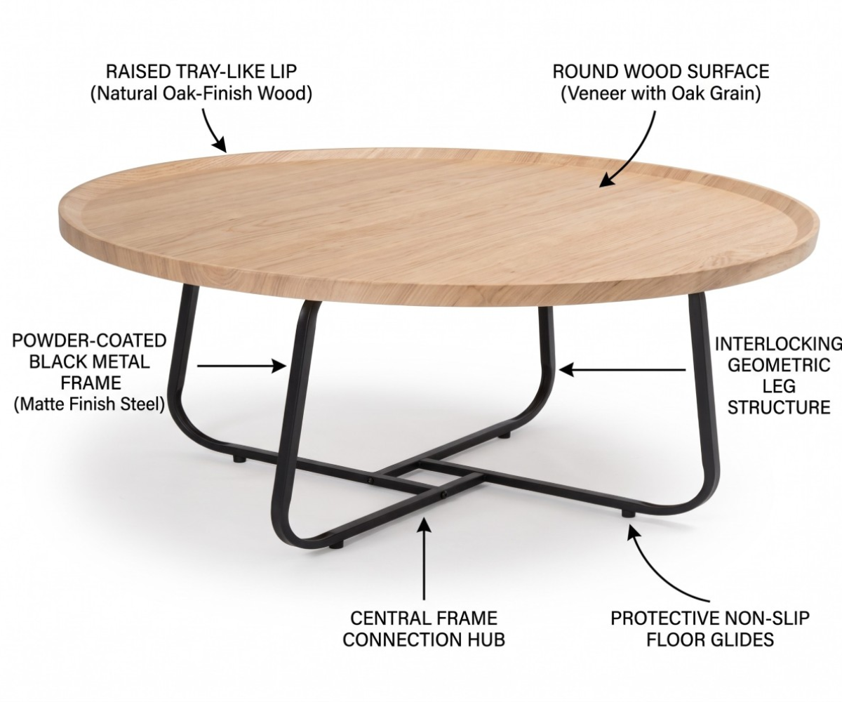 Light wood-look coffee table with a raised tabletop rim and black open-frame base.