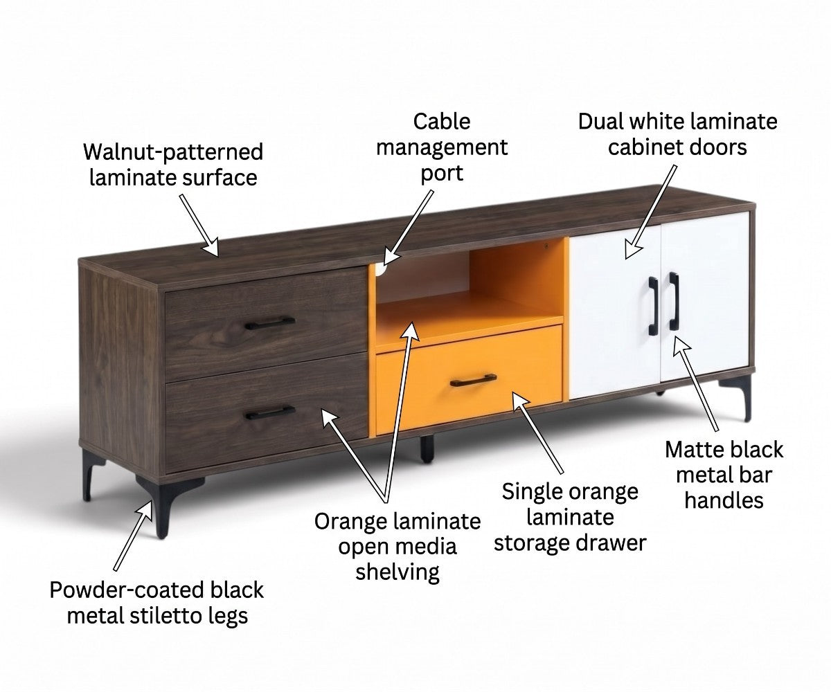 Walnut and orange TV unit with three drawers, two cabinets and open media shelf