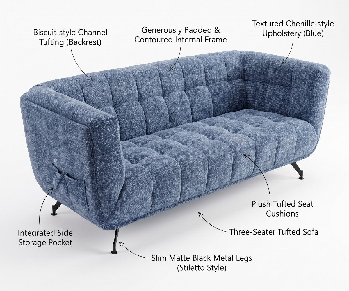 A modern three-seat sofa upholstered in textured blue fabric with channel tufting on the back and seat, supported by slim black metal legs, shown on a white background.