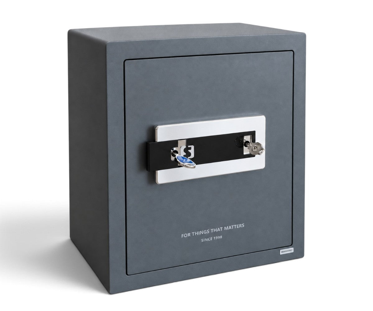 Luxury home safe with quilted tan faux leather interior and chrome key rack