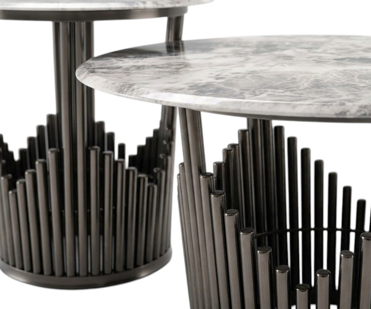 Modern two-piece round marble-effect nesting coffee table set with dark metallic base