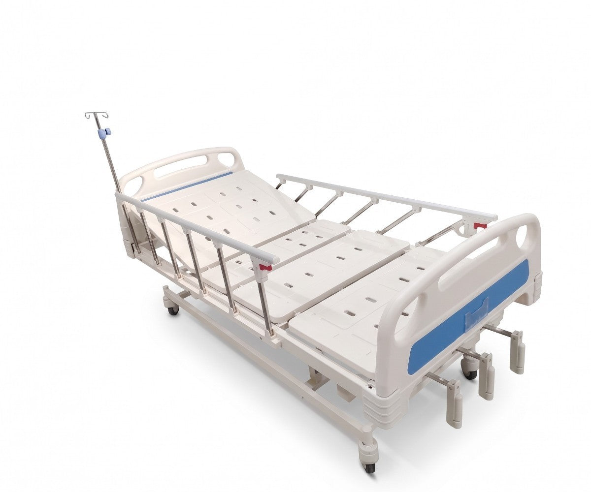 Manual hospital bed with three cranks, collapsible side rails and IV pole