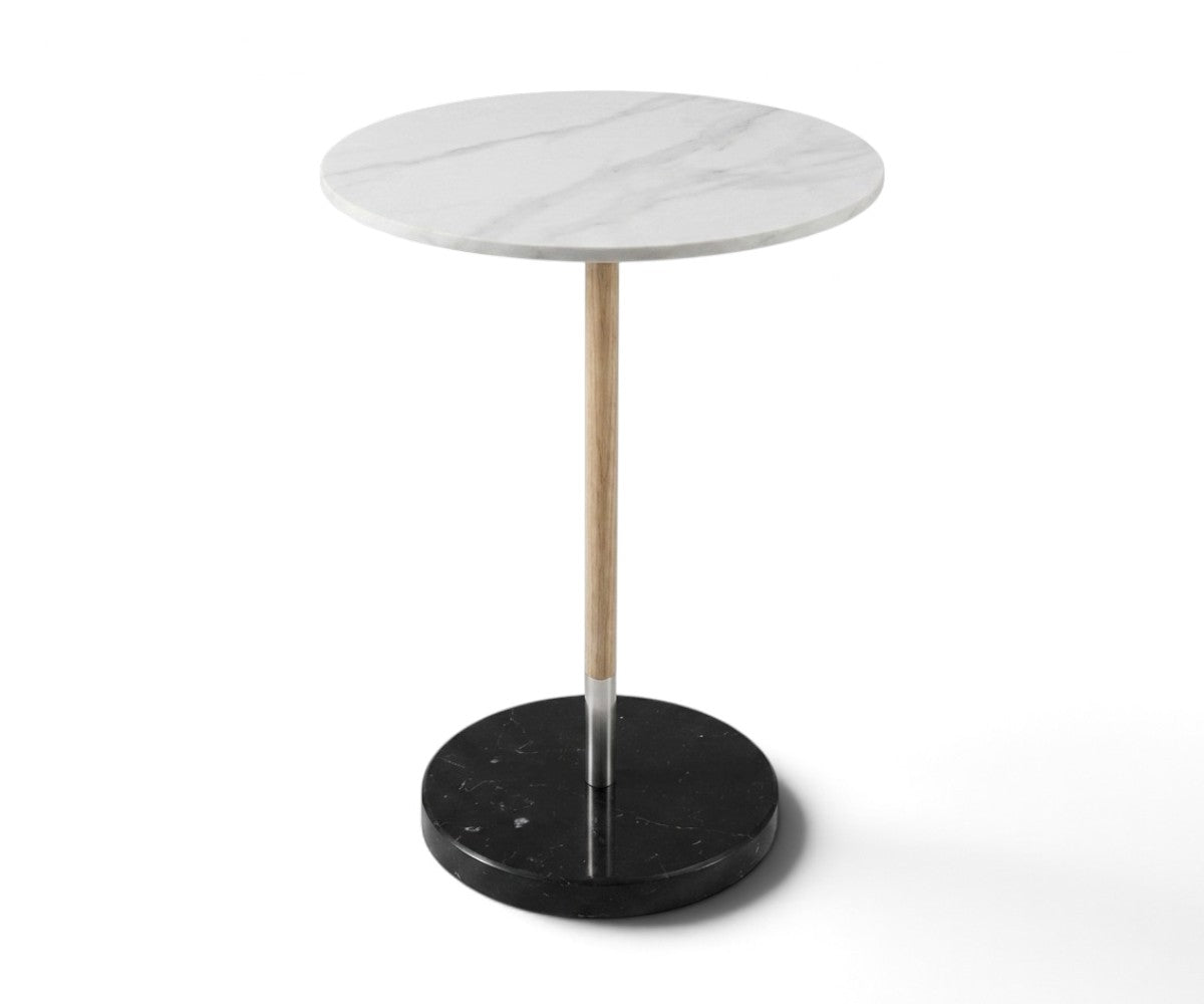 Round side table with white marble top, oak stem and black marble base