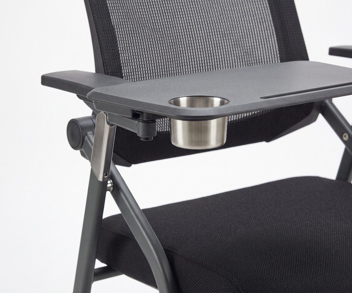 Black mesh study chair with writing tablet and cup holder