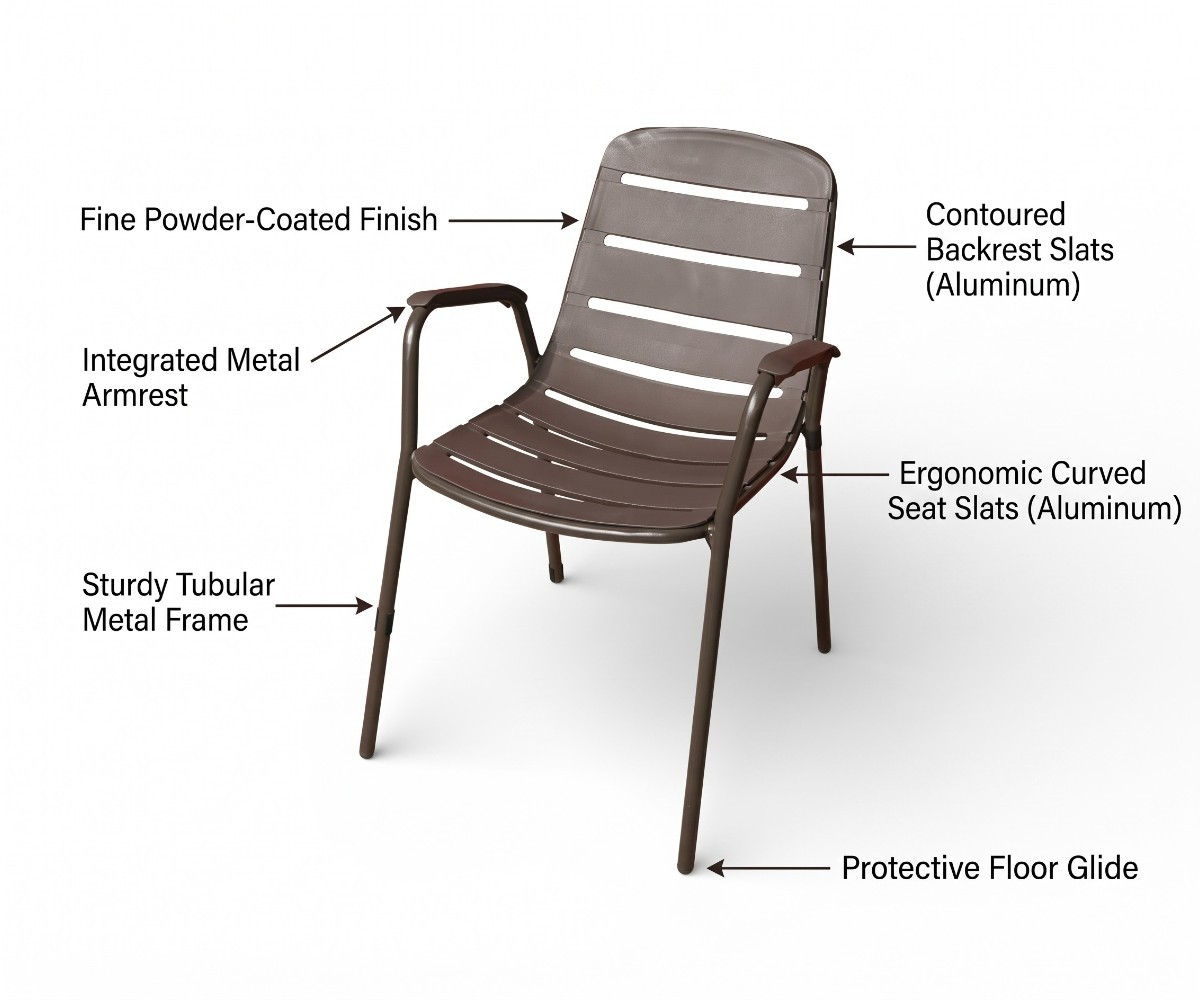 Metal outdoor dining chair with curved seat slats viewed at an angle