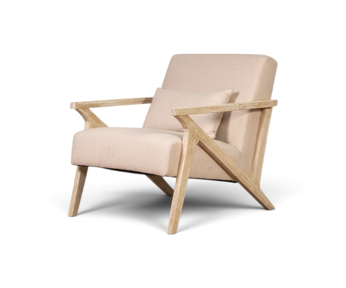 Mid-century accent armchair with solid light oak frame and woven upholstery