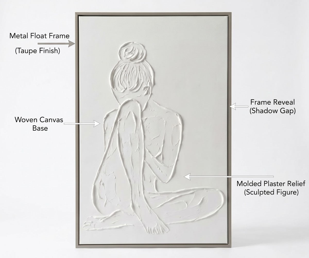 White textured wall art depicting a seated woman inside a slim grey-brown rectangular frame.