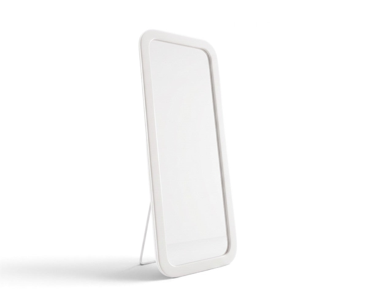 Minimalist white full-length floor mirror with rounded corners and metal stand