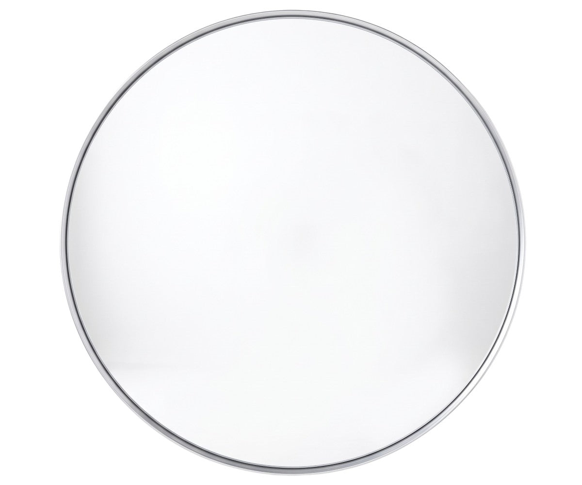 Round wall mirror with slim silver metal frame and clear glass