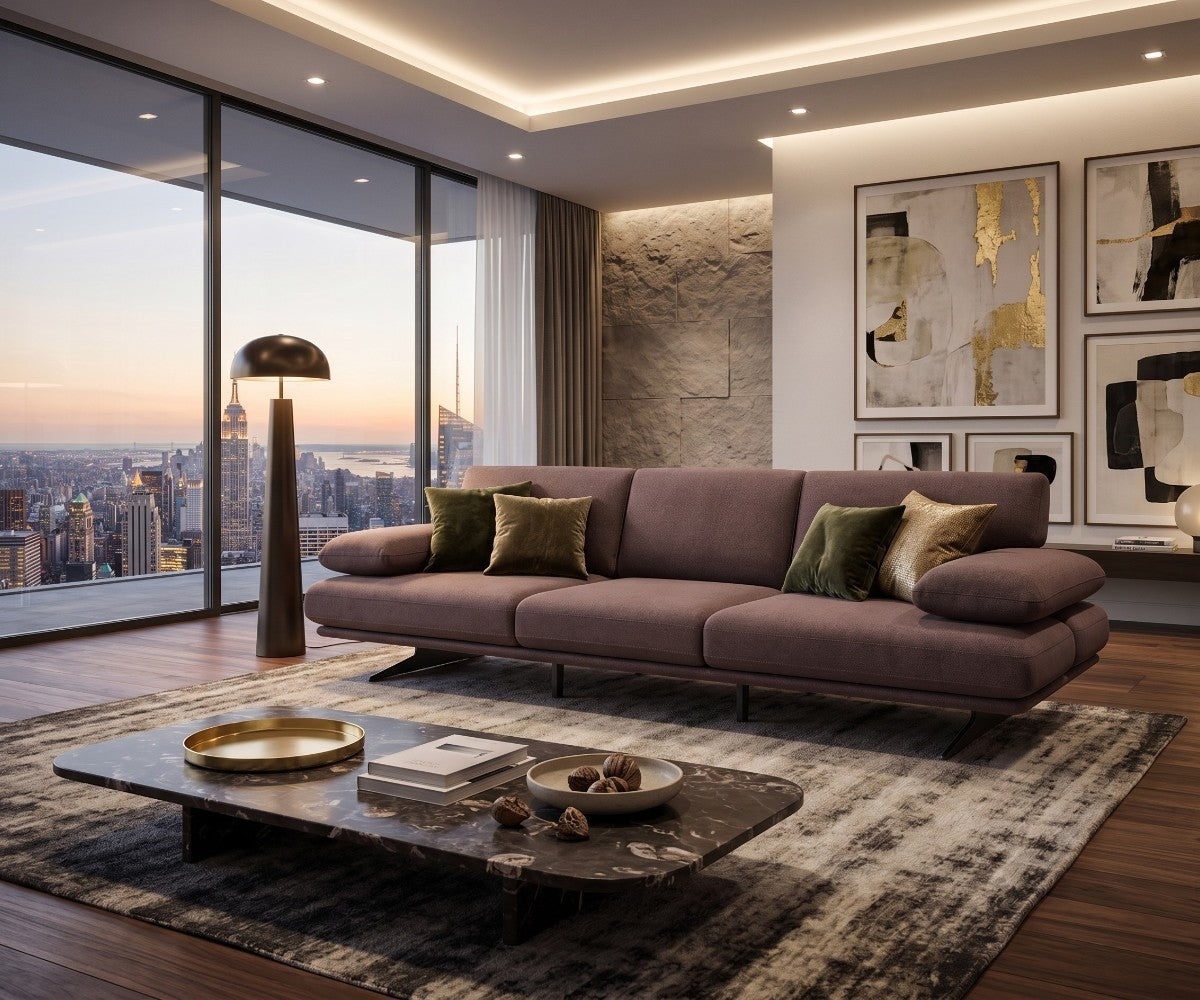 Modern three-seater fabric sofa with low platform base and black angled legs
