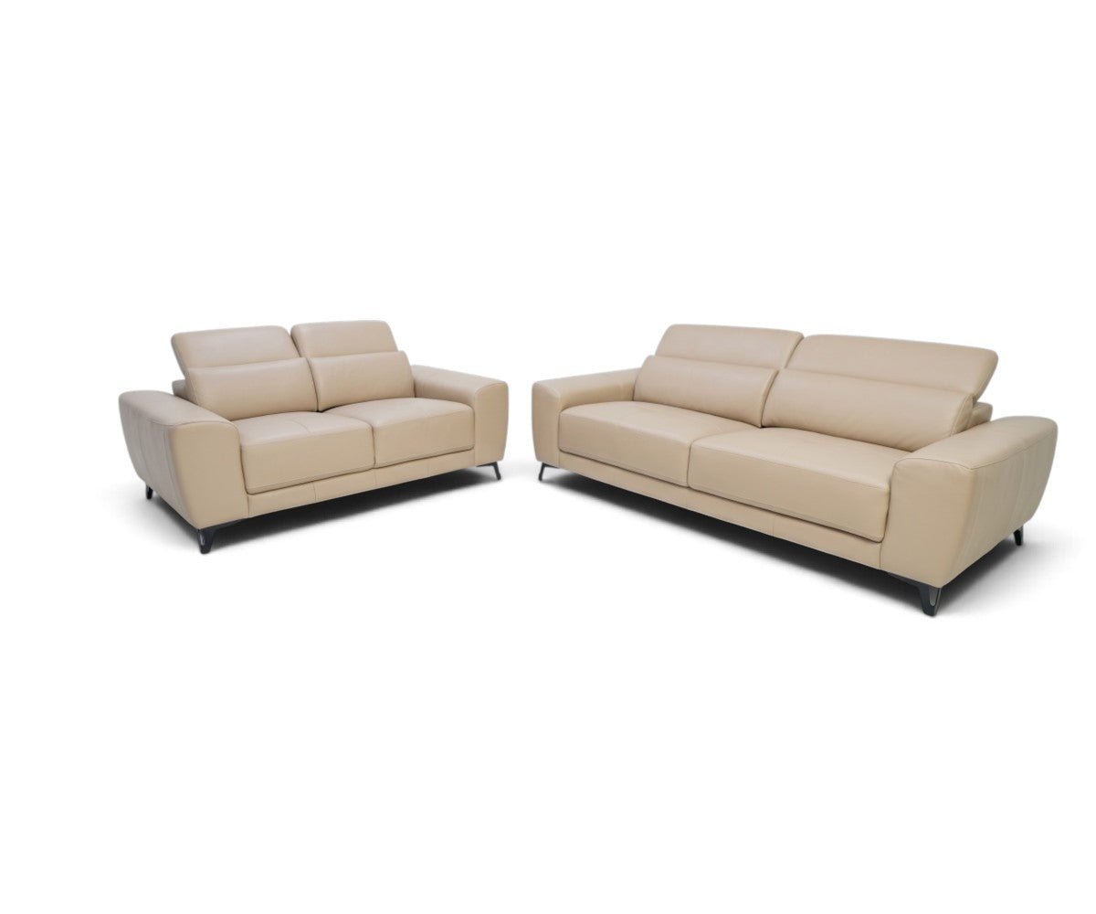Modern five-seater beige sofa set with squared armrests and dark metal legs