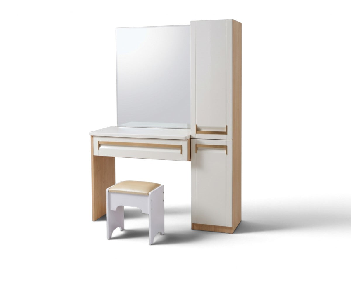 Modern beige bedroom furniture set with handleless wardrobe and matching nightstands
