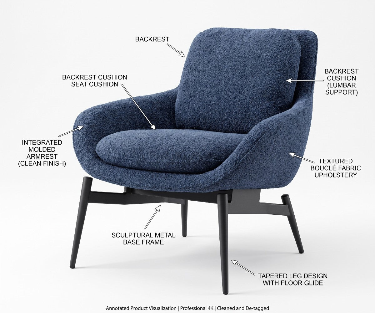 Modern blue textured lounge chair with padded seat and black metal legs