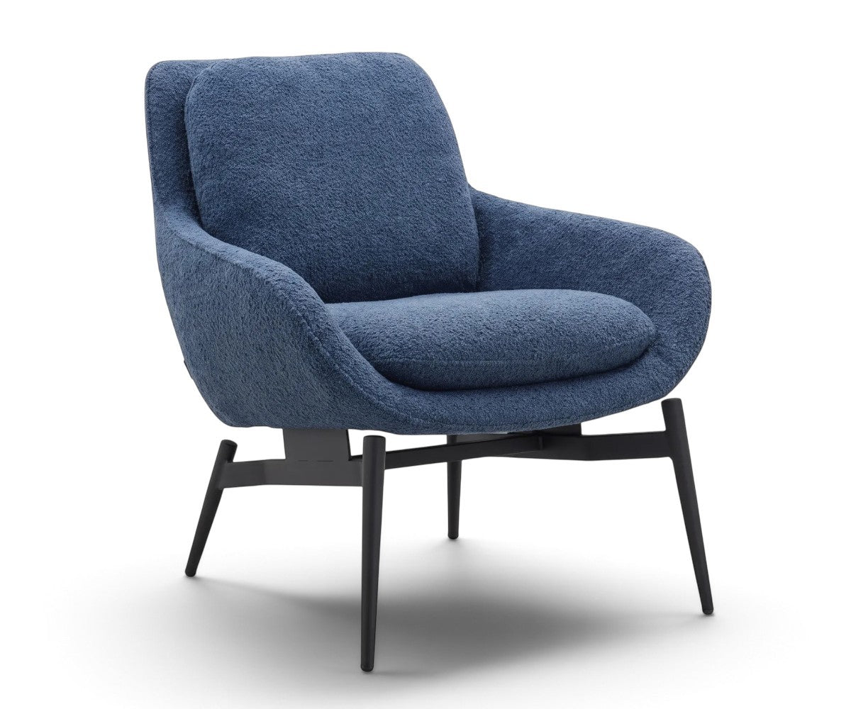 Modern blue textured lounge chair with padded seat and black metal legs