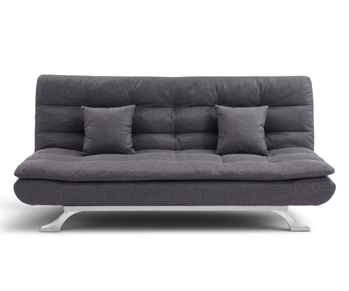Charcoal grey fabric sofa bed with tufted upholstery and two matching square cushions.