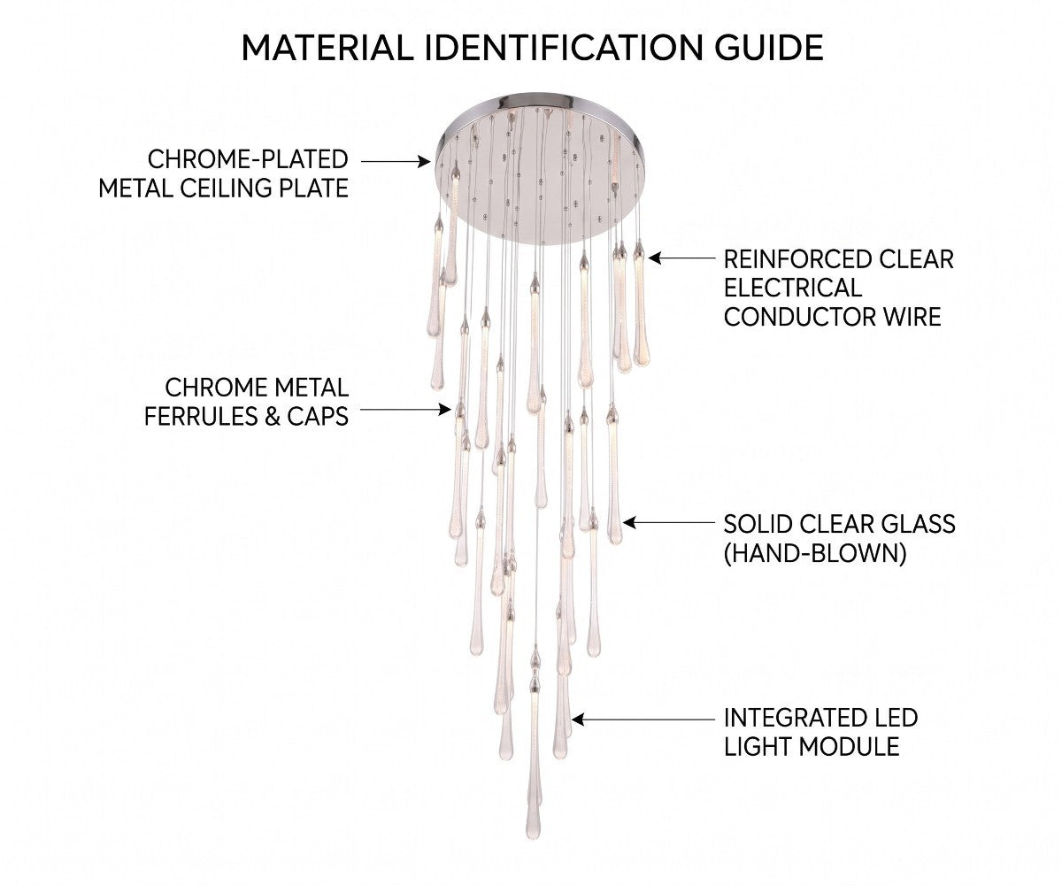 Raindrop cascade chandelier with clear glass teardrops and chrome ceiling plate