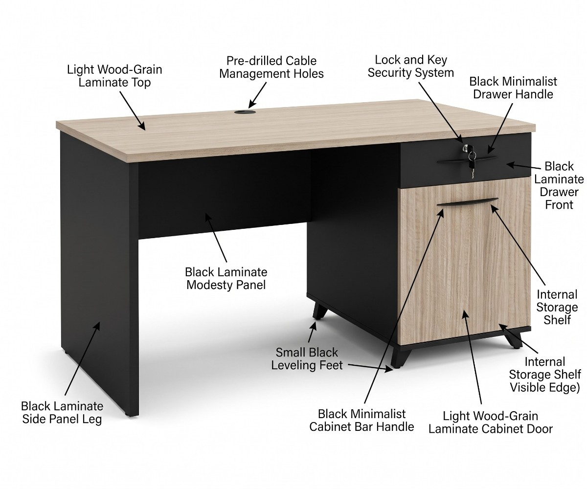 Two-tone office desk with a light wood-grain top and dark grey panel supports.