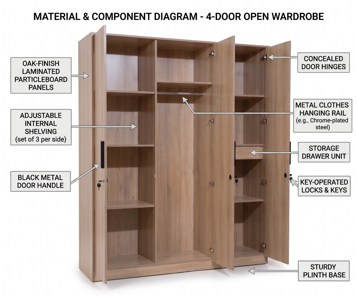 Light wood 3-door wardrobe with full-length center mirror and black handles
