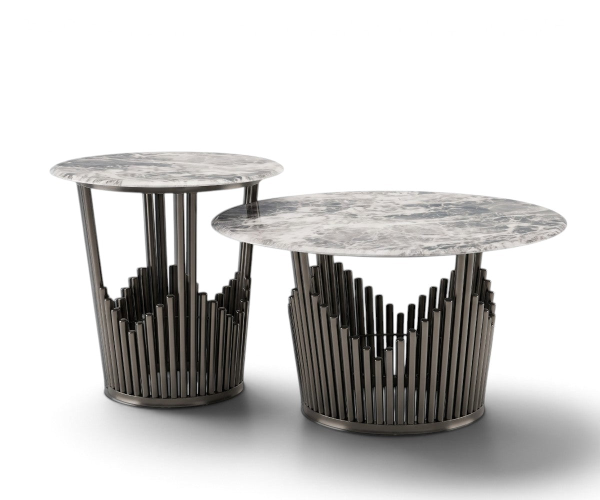 Modern two-piece round marble-effect nesting coffee table set with dark metallic base
