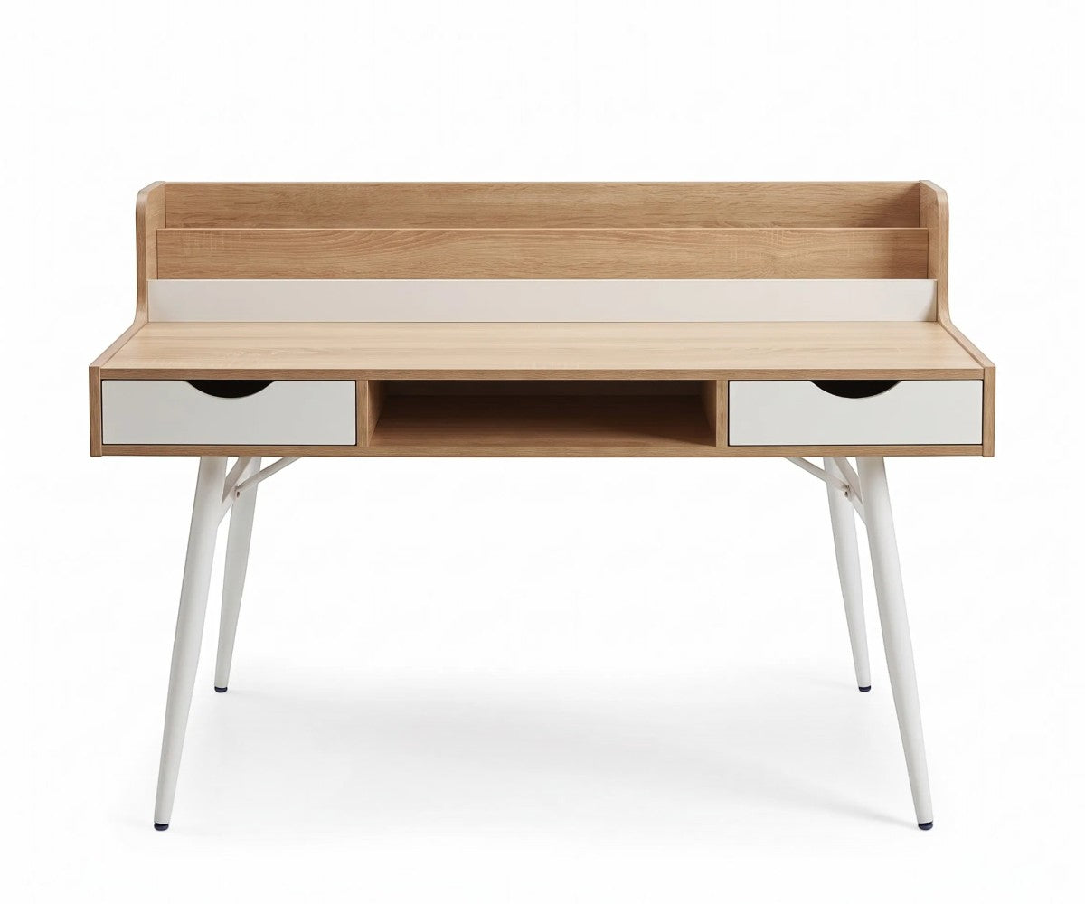 A mid-century modern writing desk with a light oak wood finish, white drawer fronts, and white tapered metal legs, shown against a plain white background.