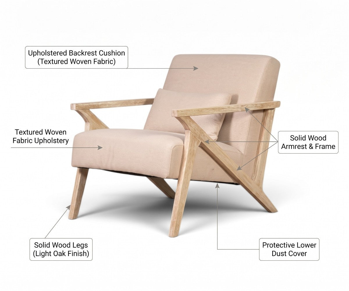 Mid-century accent armchair with solid light oak frame and woven upholstery
