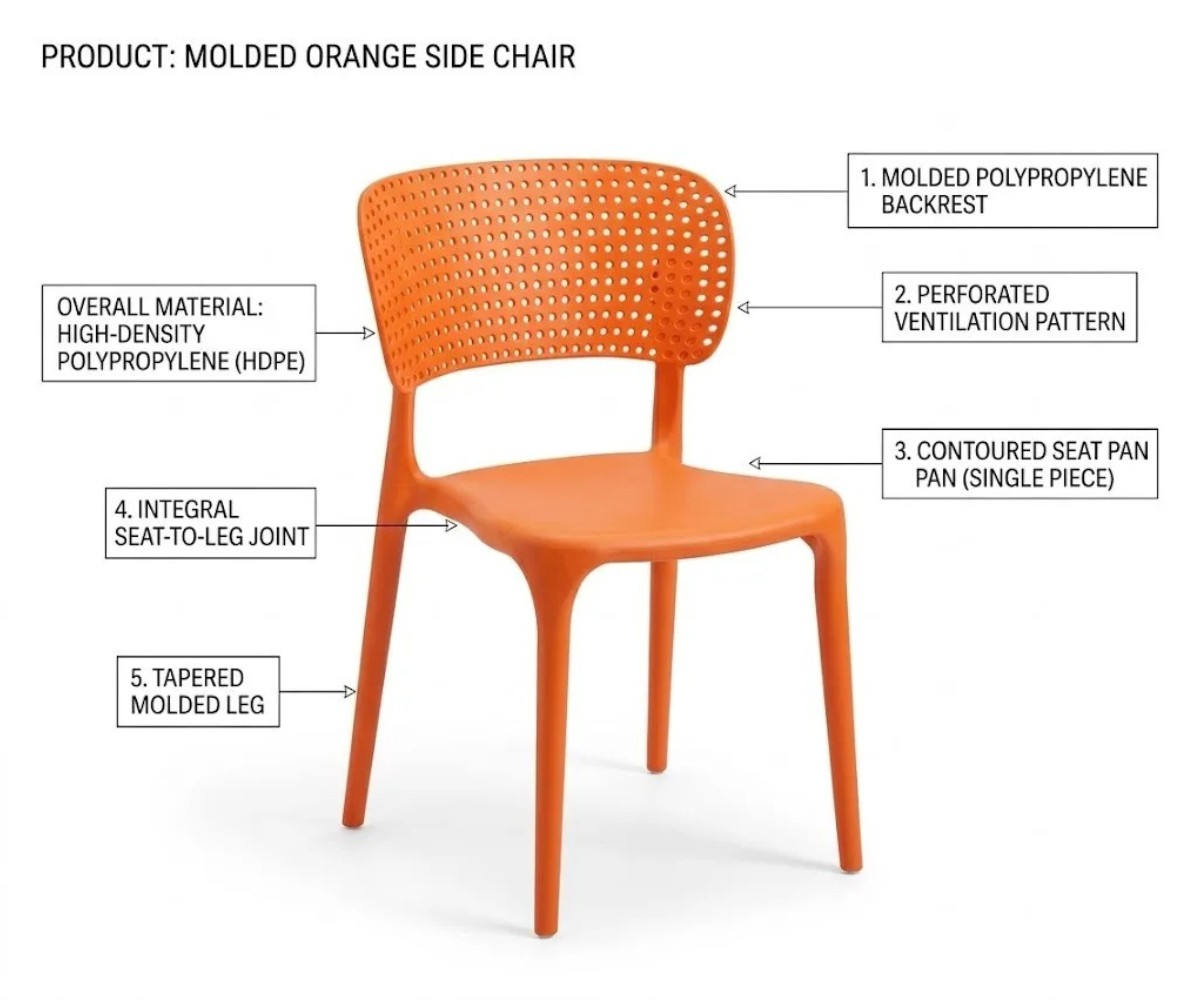 Orange armless dining chair with a curved perforated backrest and four tapered legs.