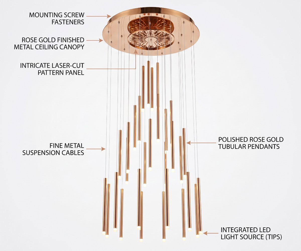 Rose Gold LED Cascade Pendant Chandelier with Tubular Lights
