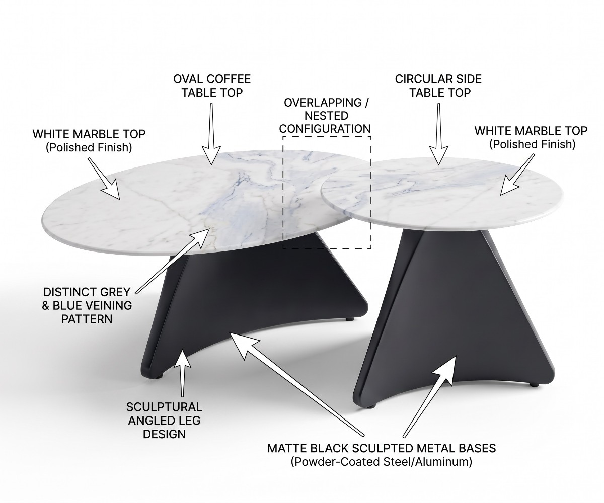 wo-piece tea table set with white marble-effect round tops and dark brown wood-grain bases.