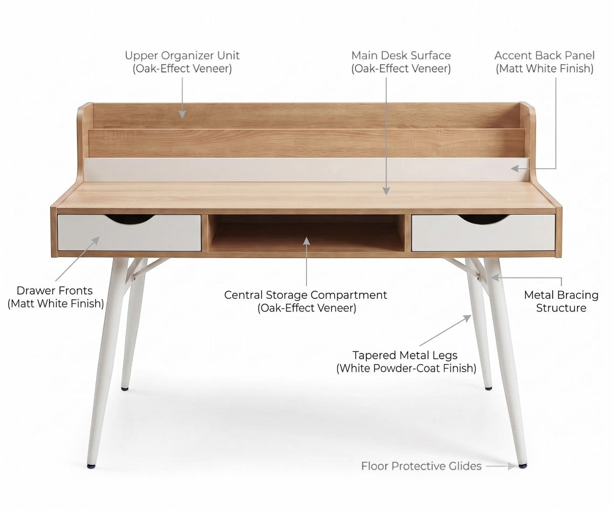 A mid-century modern writing desk with a light oak wood finish, white drawer fronts, and white tapered metal legs, shown against a plain white background.
