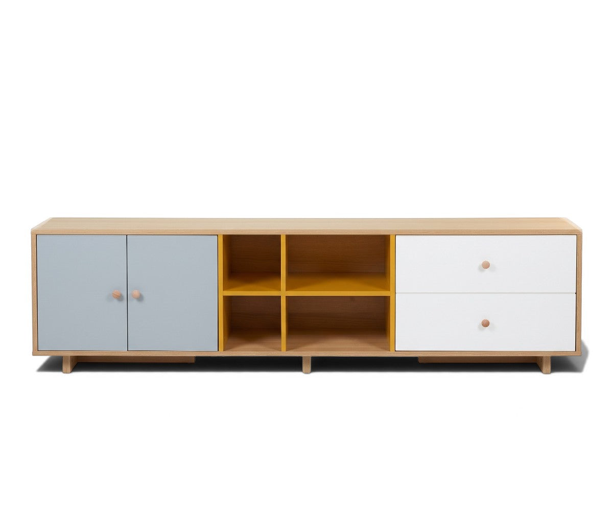 Tv table 904 with a light wood-grain finish, grey cabinet doors, white drawers, and mustard-yellow shelving.