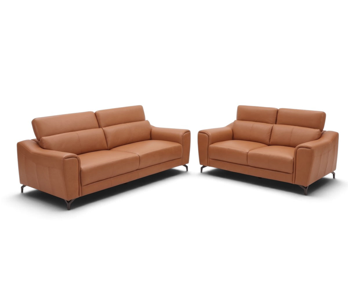 Tan leather sofa set with 3-seater and 2-seater and adjustable headrests