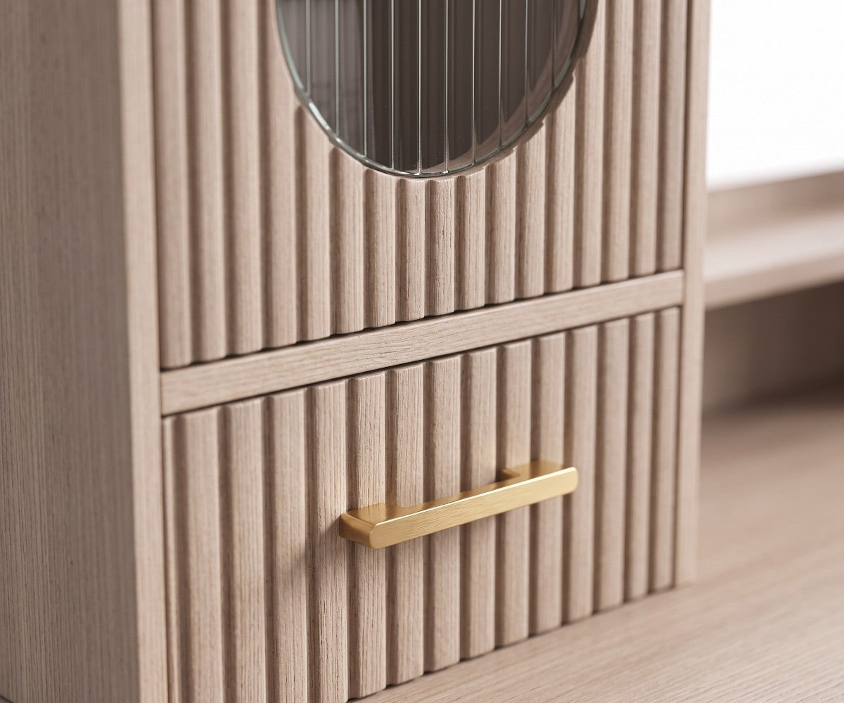 Modern wood vanity table set with fluted glass doors and gold-tone handles