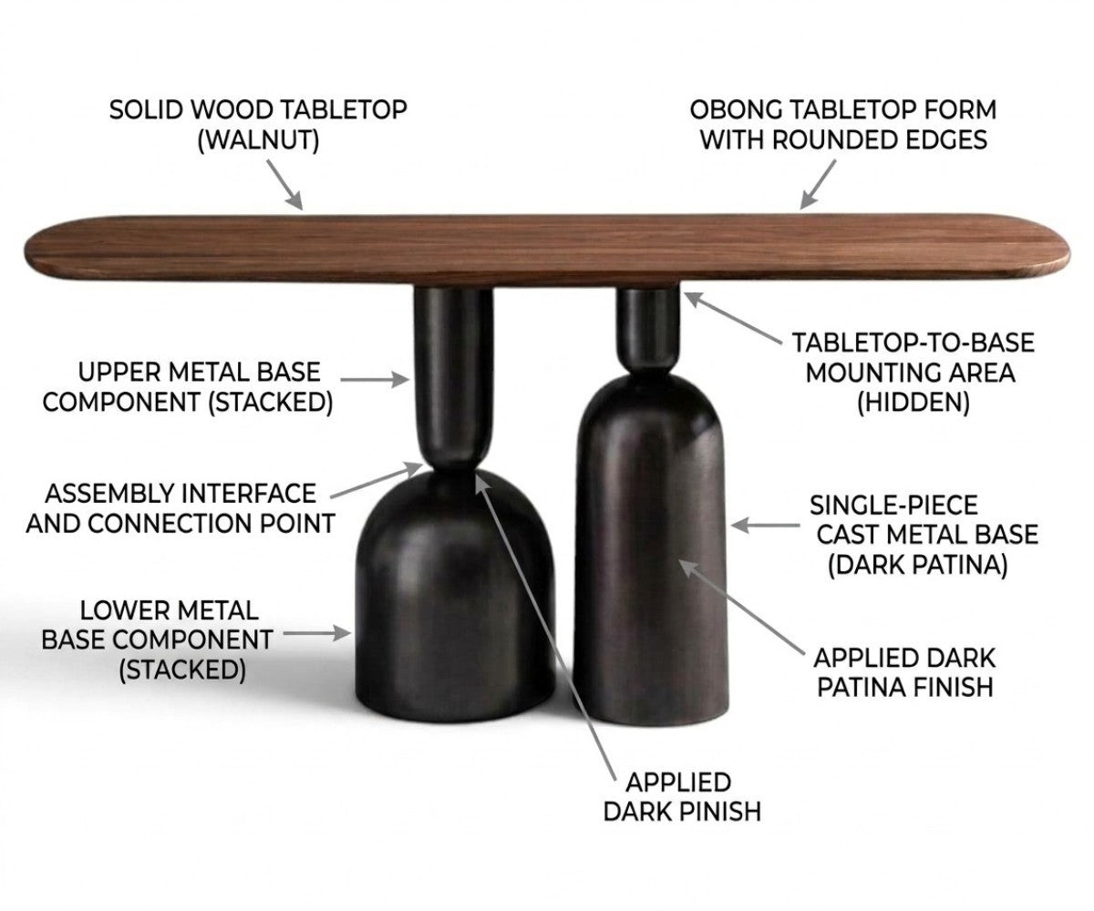 Sculptural walnut console table with two dark patina cast metal bases