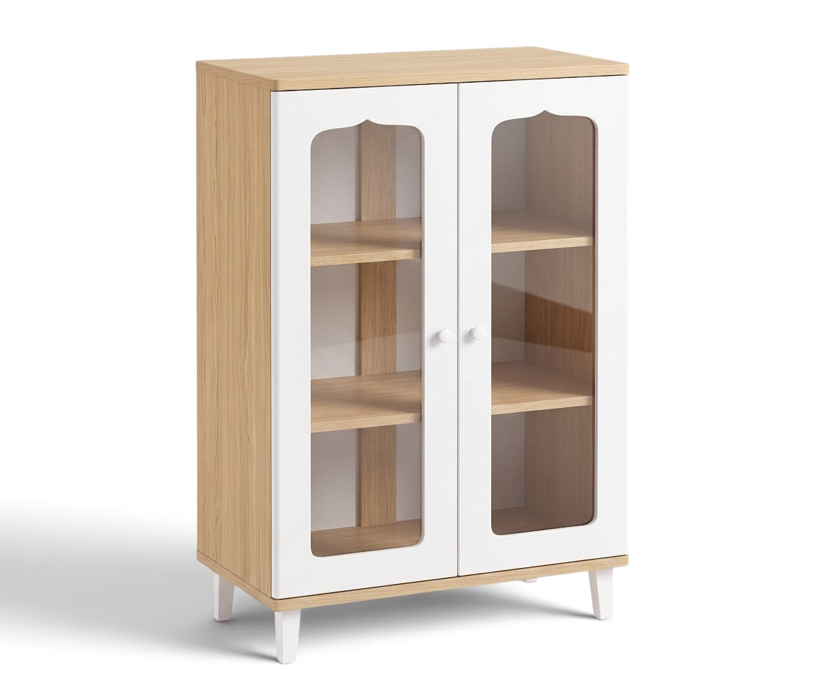 A modern two-door cabinet with a light oak wood grain finish and white doors featuring glass panels, shown on a clean white background.